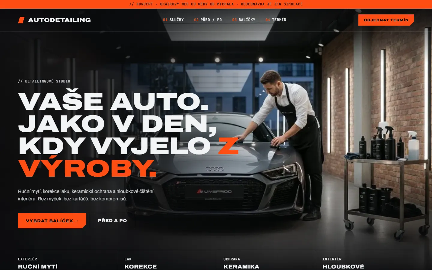 Náhled konceptu Autodetailing: černá stránka s fotkou auta ve studiu, nadpisem Vaše auto. Jako v den, kdy vyjelo z výroby a oranžovým tlačítkem